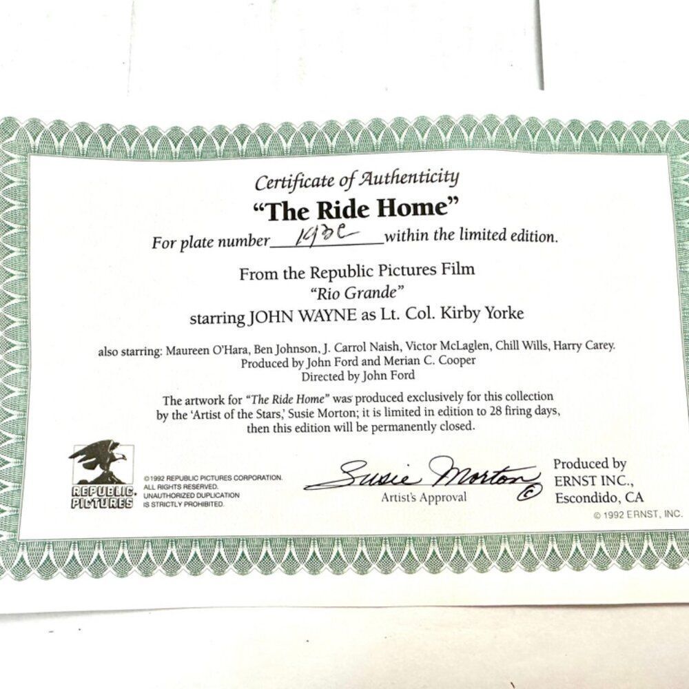 Republic Pictures Film The Ride Home John Wayne Collector Plate No. 193 C - Picture 3 of 3